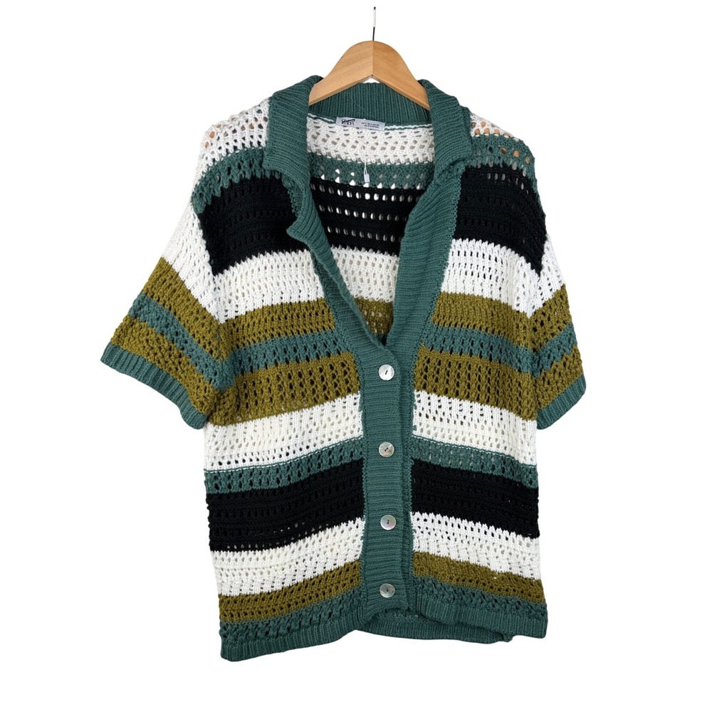 Zara Striped Knit Short Sleeve Cardigan size Small Green/White